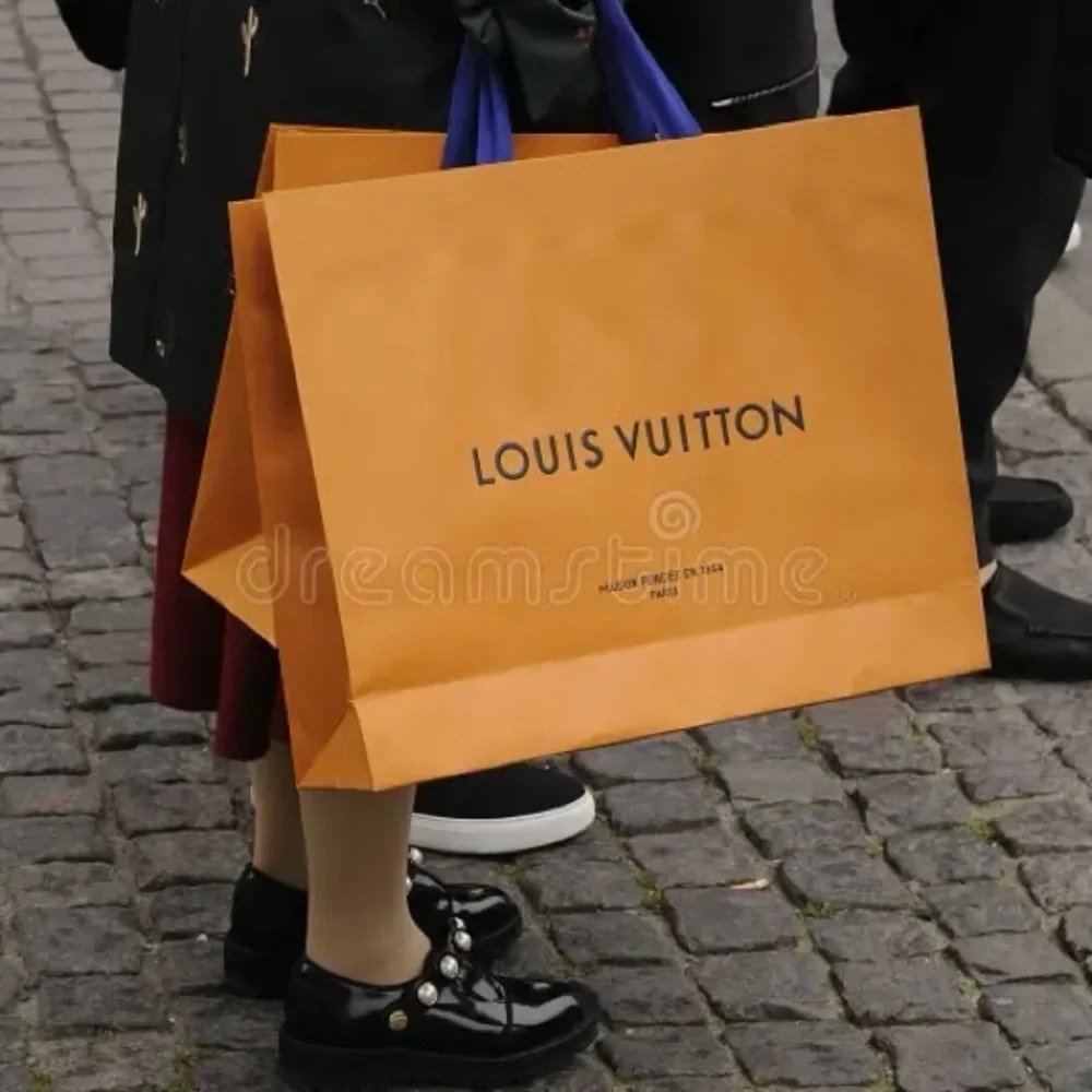 Louis Vuitton XL HTF Orange Brown Paper Gift Shopping Box Bag Blue Handle